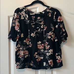 American Eagle Black Floral Lace Up Top w/ Tassels